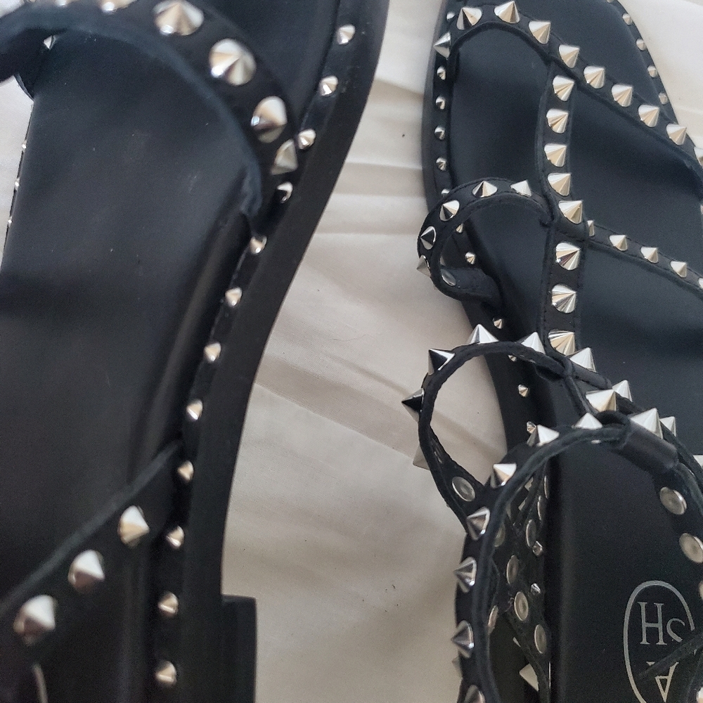 ASH Silver Stud Black Leather Sandals - Picture 9 of 16